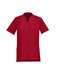 A red women's tunic featuring short sleeves, a mandarin collar, and a three-button placket. It has two front pockets.