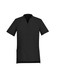 A short-sleeved, black tunic with a collar and three buttons, featuring side pockets and a branding logo.