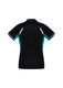 A black women's polo shirt with teal accents and reflective details. It features a logo on the back.