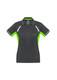 A women's short sleeve polo shirt in black with green accents and reflective details, featuring a logo.