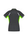 A women's short sleeve polo in dark grey with lime green accents and reflective detailing, featuring a logo.