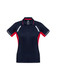 A women's short sleeve polo shirt in navy and red, featuring a logo and contrasting trim.