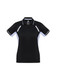 A black women's polo shirt with grey accents and a logo on the front. Features short sleeves and a classic collar.
