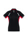 A black and red women's polo shirt featuring short sleeves and a logo.
