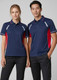 A navy and red short sleeve polo shirt featuring a logo, designed for women and men.