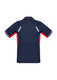A navy and red short sleeve polo shirt with reflective detailing and a logo on the back.
