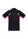 A black and red men's short sleeve polo shirt featuring a logo and reflective details on the back.