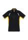 A black and yellow men's short sleeve polo shirt featuring a logo and contrast detailing.