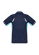 A navy blue short sleeve polo shirt with light blue accents and a logo on the front.