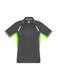 A short sleeve men's polo shirt in grey with bright green accents and detailing. It features a logo on the chest.