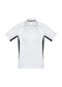 A short sleeve polo shirt in white with black side panels and a collar, featuring a logo.