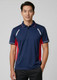 A navy blue polo shirt with red accents and a logo, featuring short sleeves and a collared design.