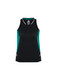 A black singlet with teal accents, featuring a logo on the front. Suitable for women's activewear.