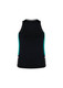 A black singlet with teal side panels and a logo on the hem. Designed for women's activewear.