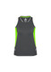 A women's singlet in grey with lime green accents, featuring a logo on the chest.