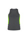 A women's singlet in dark grey with bright green side panels and a logo on the back.