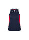 A navy and red sleeveless singlet featuring a logo, with contrasting side panels and a sporty design.