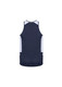 A navy blue men’s singlet with light blue accents, featuring a logo on the back.