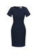 A fitted navy short sleeve shift dress with a round neckline and a back zipper. Features a logo on the label.