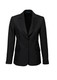 A black longline women's jacket with a blazer style, featuring two buttons and front pockets. It has a logo.