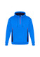 A blue unisex hoodie features a front zipper, with black and red accents along the sides and a logo on the chest.