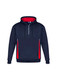 A navy unisex hoodie with red accents and a zippered collar, featuring a drawstring hood and a logo.