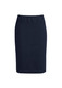 A navy knee-length skirt with a fitted design and two front pockets. It features a logo on the waistband.