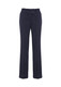 A pair of navy slacks with a straight leg design and two front buttons, featuring a logo on the waistband.