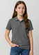 A grey short sleeve polo shirt for kids featuring a collar and a logo. Suitable for casual wear.