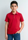A red short sleeve polo shirt for kids, featuring a collar and three-button placket, worn by a young boy.
