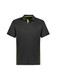 A black short sleeve polo shirt with lime green accents and a logo on the chest.