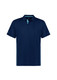 A navy blue men's short sleeve polo shirt with a subtle logo and light blue accents on the collar and sides.