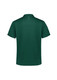 A green men's short sleeve polo shirt featuring a logo and detailed stitching on the back and sleeves.