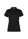 A short sleeve women's polo shirt in black, featuring a classic collar and a button placket. It has a logo on it.