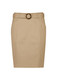 A mid waist stretch chino skirt in a light tan colour featuring a decorative belt with a circular buckle.