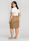 A mid-waist stretch chino skirt in khaki, featuring a fitted silhouette and a rear vent, displayed on a model.