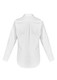 A white button-up shirt with long sleeves and a curved hemline, featuring a logo on the back.