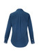 A women's long sleeve button-up shirt in a dark blue hue, featuring a back pleat and buttoned cuffs.