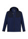 A unisex navy waterproof jacket featuring a hood, zip pockets, and a logo on the front.