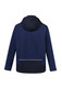 A navy blue unisex waterproof jacket featuring a hood and a back pocket, with contrasting black details.