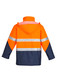 A Hi Vis storm jacket featuring bright orange fabric with reflective stripes and a navy lower section, complete with a hood.