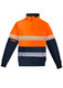 An orange and navy fleece pullover featuring a 1/4 zip and hoop-taped reflective stripes. It has a logo on the sleeve.