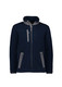 A unisex full zip sherpa fleece jumper in navy with grey accents and two zip pockets. Features a collar and a logo.