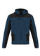 A unisex hoodie in navy blue with black accents, featuring a hood and zippered pockets. It has a logo on it.