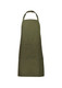 A green apron featuring two front pockets and a neck strap, showcasing a simple, minimalist design.