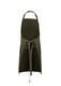 An olive green apron featuring a tie waist and pockets, with a logo on the front.