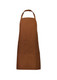 A brown apron featuring a large pocket and an adjustable neck strap. It has a simple design and a logo.