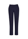 A pair of slim leg pants in navy blue, featuring a comfort waist design and front pockets.