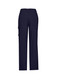 Navy women's cargo pants featuring a comfort waist and multiple pockets, with a logo on the back.