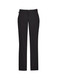 A pair of black men's slacks featuring a flat front design and a logo on the waistband.